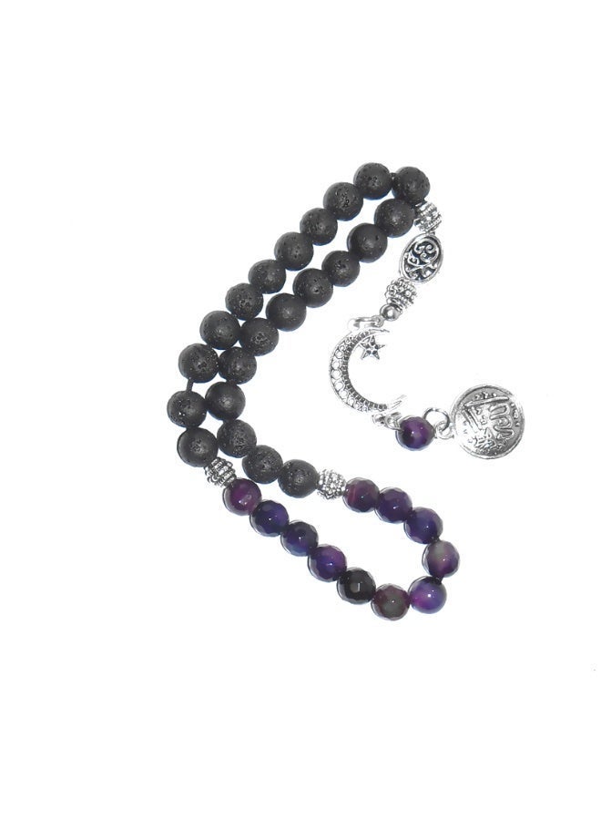 Handmade Lava Stone (22 Black) & Dark Purple Agate (11) Rosary – 33 Beads  – 8mm Natural Stones with Gift Jute Pouch - Image 2
